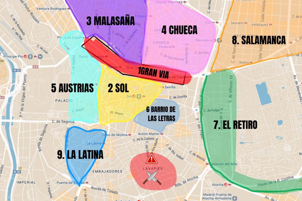 Mapa de dónde alojarse en Madrid explicado facil
