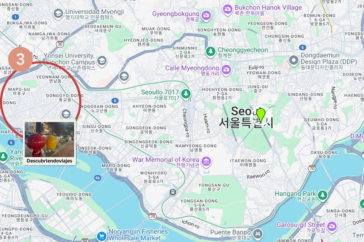 Mapa del barrio de Hongdae, en Seúl
