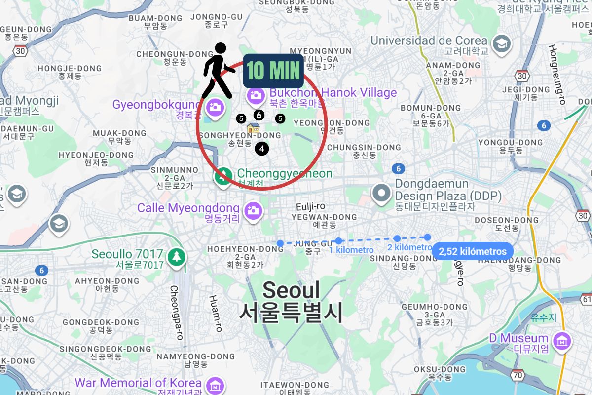 Mapa de la zona de palacios de Seúl, Hwa dong y Songhyeon dong