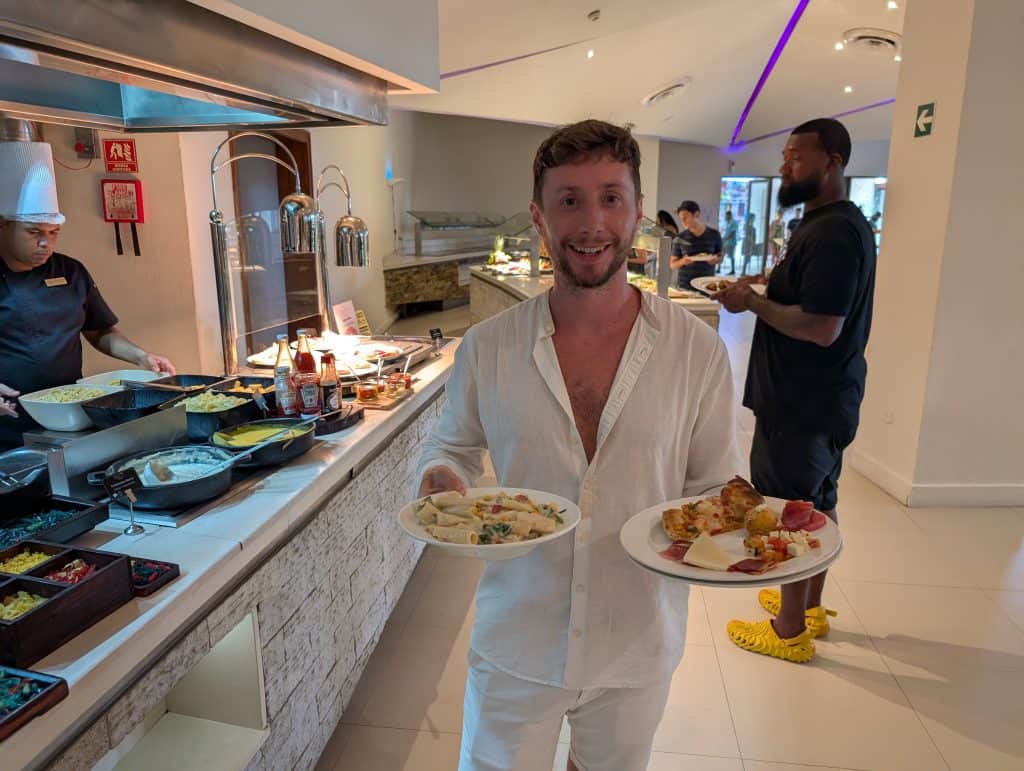 Delicious buffet breakfast served at a hotel restaurant in a bright, modern setting.