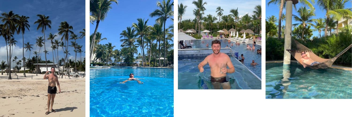 Lush tropical pool surrounded by palm trees at a luxury resort in the Caribbean.