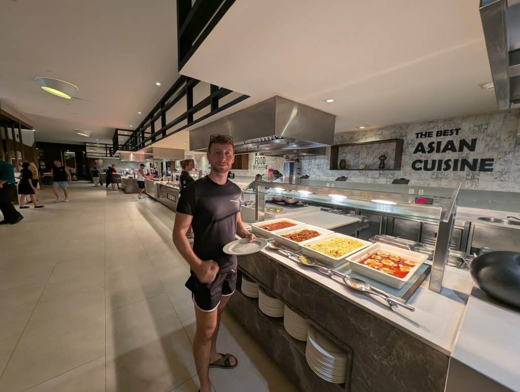 Vegan buffet with Asian dishes at hotel restaurant during breakfast.