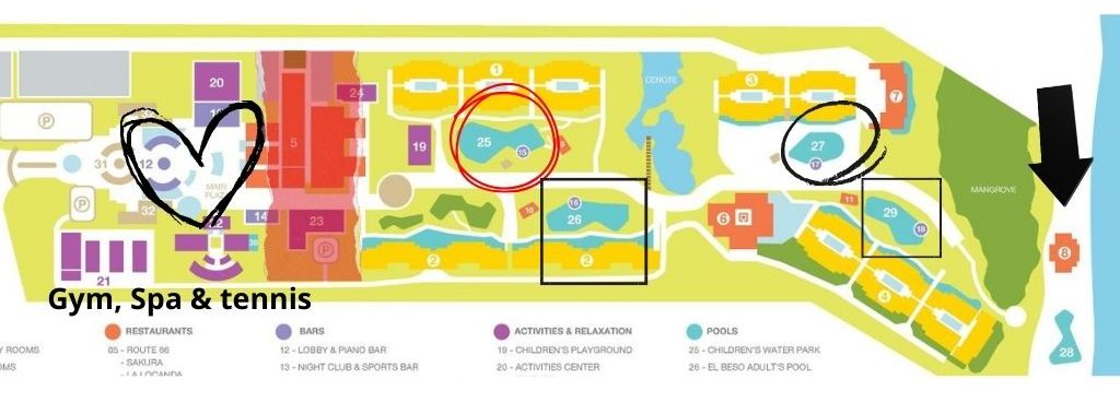 Color-coded resort map highlighting pools, activities, and accommodations at a Caribbean resort.