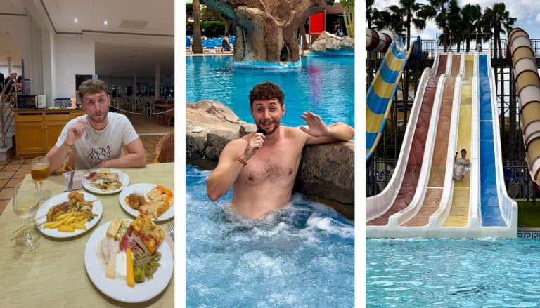 Relaxed man enjoying water park slides and pool at a colorful amusement park.