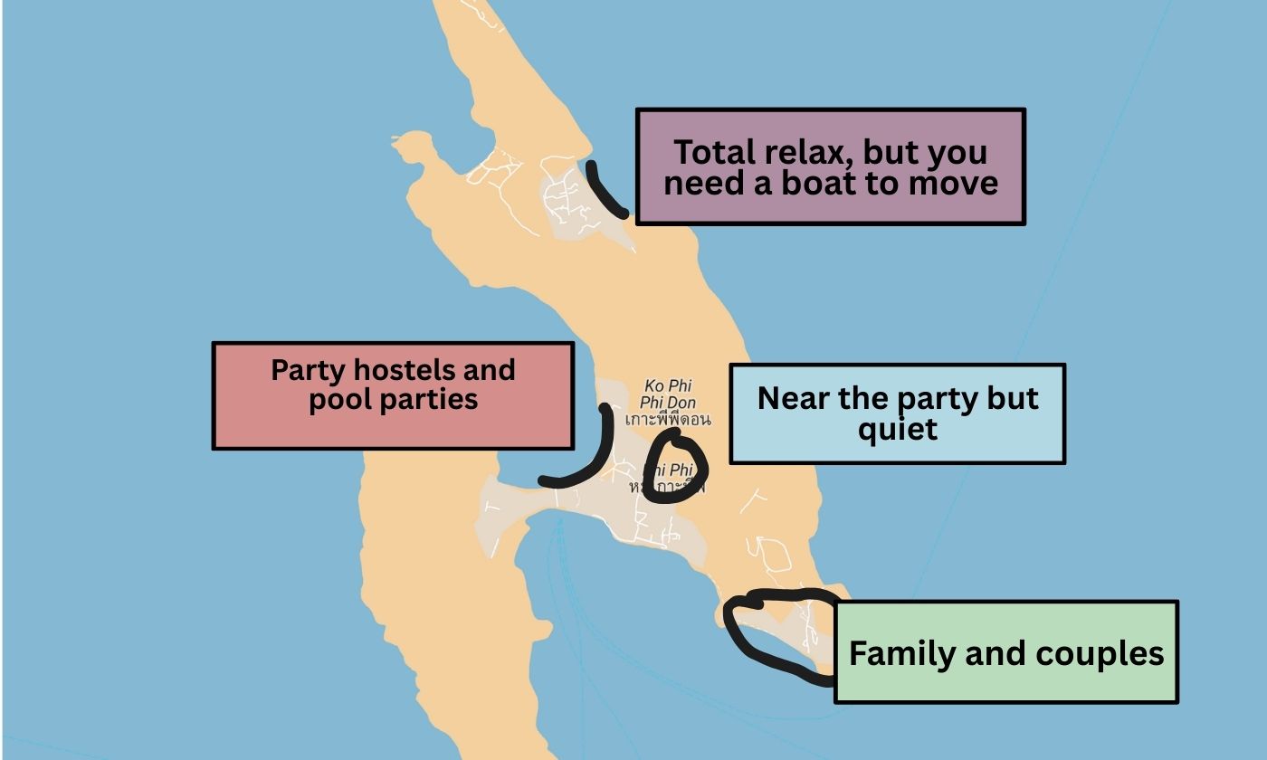 Map of the best areas to stay in Koh Phi Phi for different traveler types