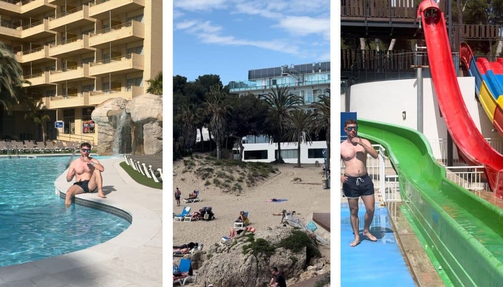 Relaxing man at the poolside, beach with sunbathers, and man on water slide at a resort.