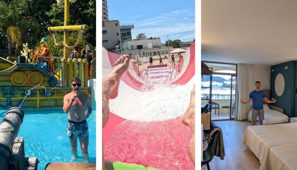 Water park with slides and children playing, hotel room with sea view, and indoor leisure area.