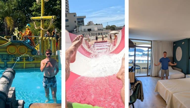 Water park with slides and children playing, hotel room with sea view, and indoor leisure area.