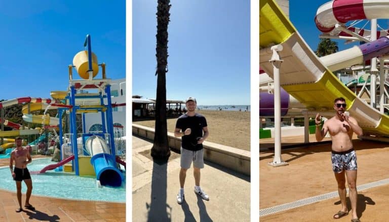 Water park with colorful slides and pools on a sunny day.