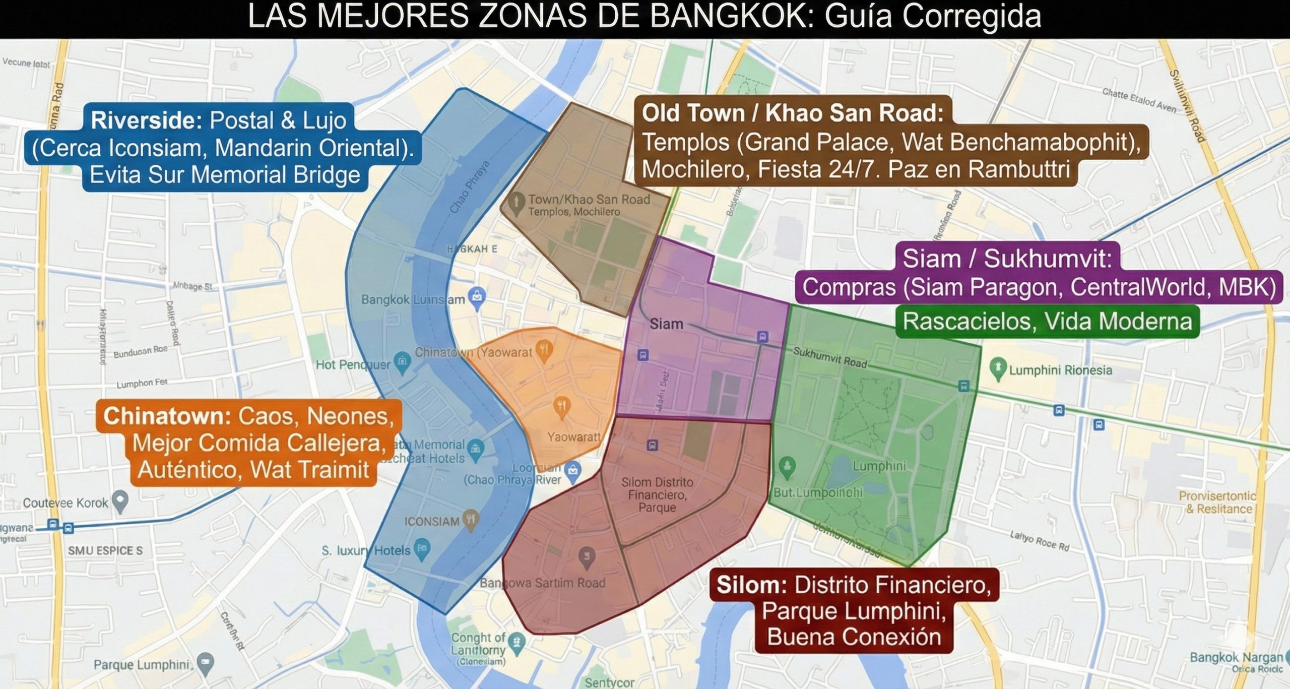 Mapa de las zonas de Bangkok con Riverside, Silom, Siam, Sukhumvit, Chinatown y Old Town señaladas