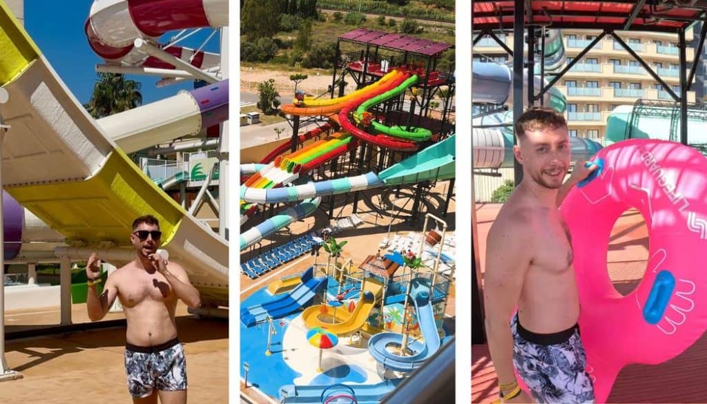 A man with sunglasses at water park with colorful slides and pools.