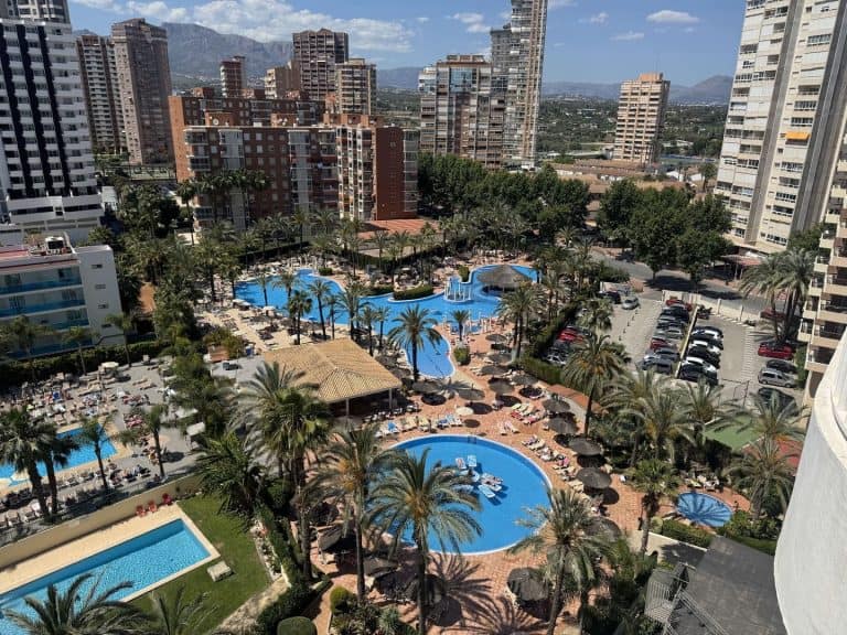 A lush hotel pool area with palm trees and city skyline in the background.