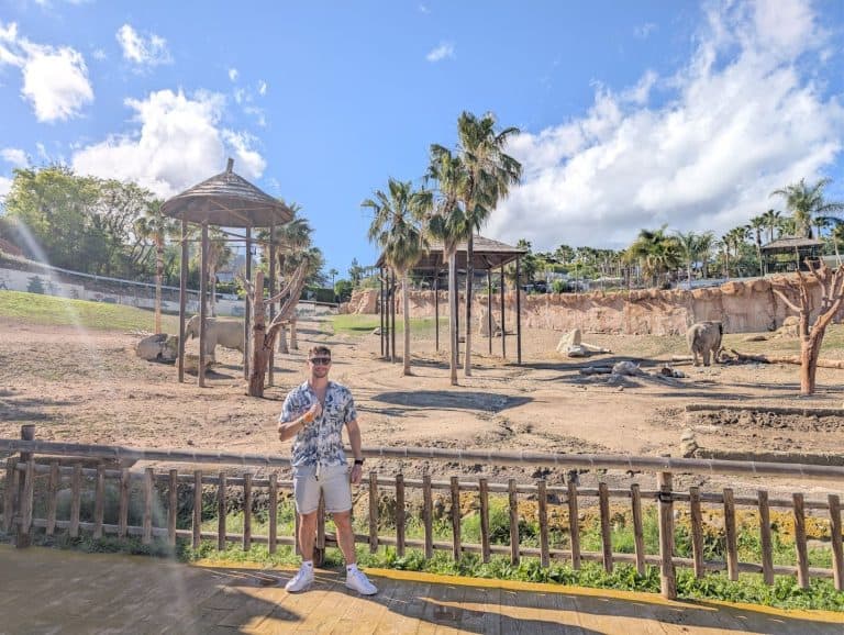 A person standing near a zoo enclosure with trees and animal habitats under a blue sky.