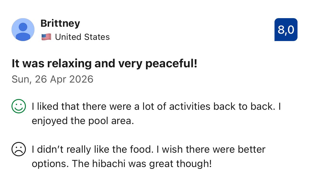 Example of a resort review with a good rating but complaints about food options