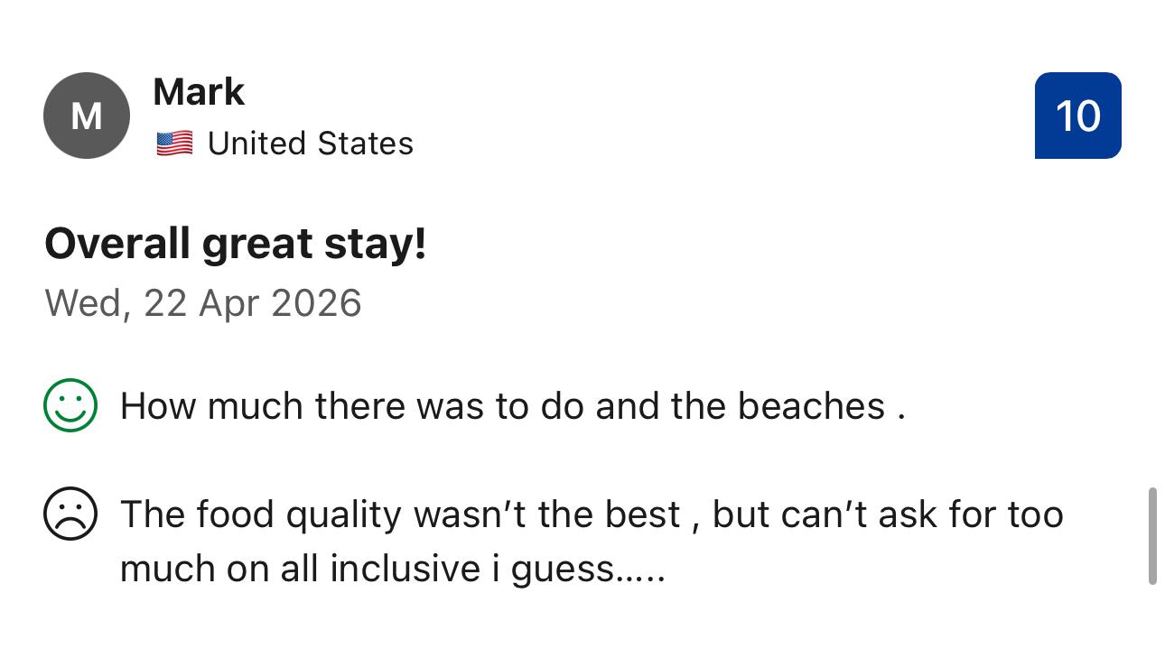 Example of a resort review with a perfect rating but complaints about food quality