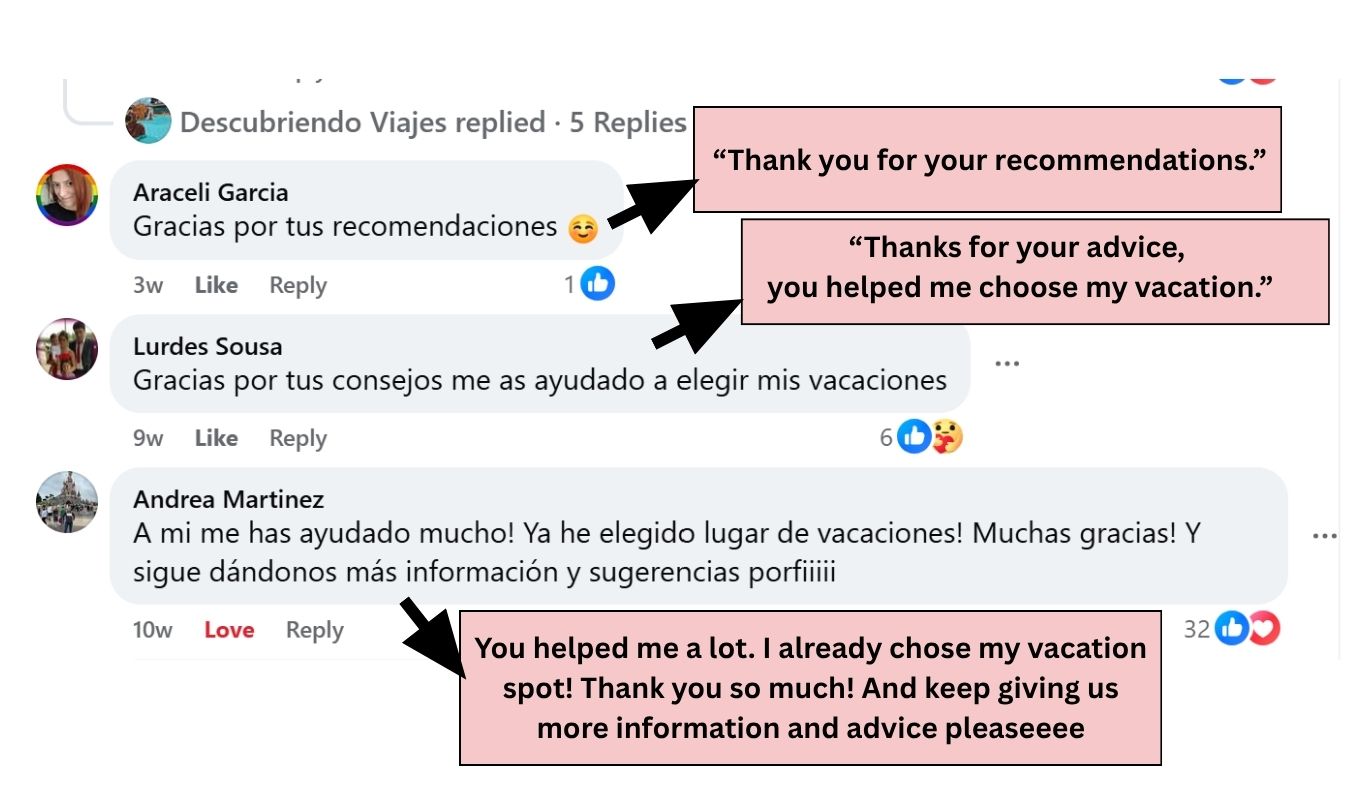 Comments from Descubriendo Viajes followers saying Javier helped them choose their vacations