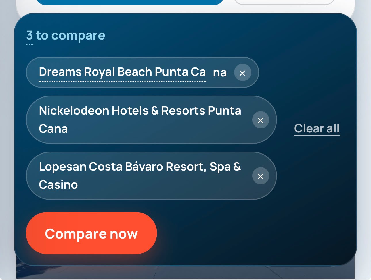 Punta Cana resort guide comparison filter showing selected resorts to compare
