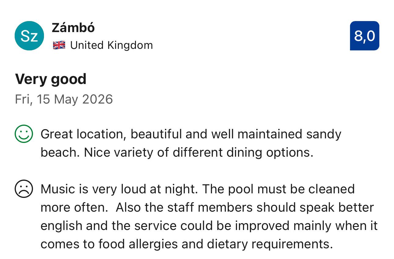 Example of a resort review with a good rating but complaints about noise, cleanliness and staff communication