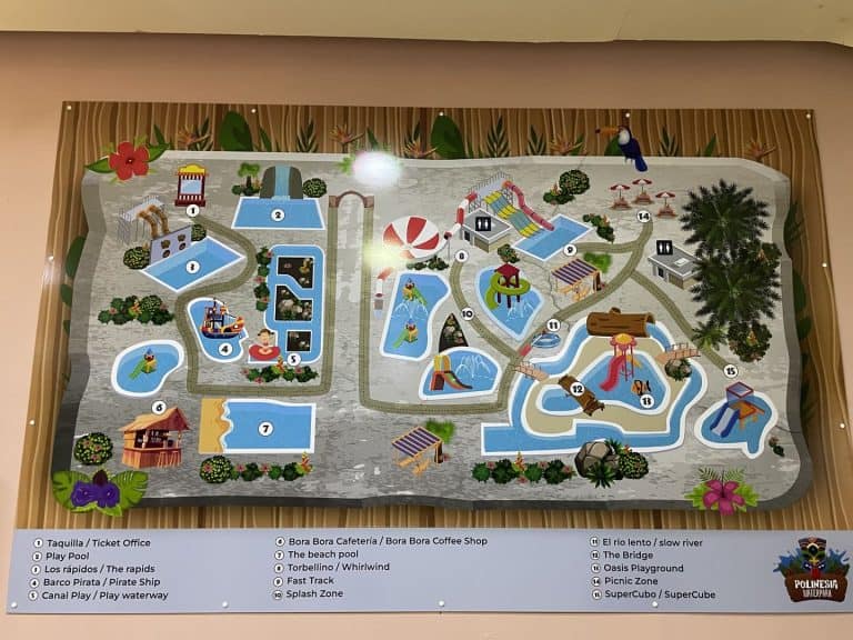 Plano del parque acuático Polinesia con sus zonas numeradas