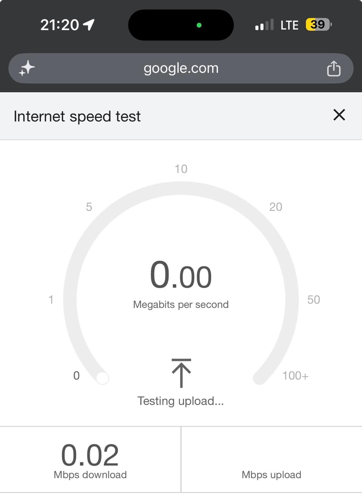 Test de velocidad de Airalo en el mismo sitio y el mismo segundo: 0,02 Mbps de bajada