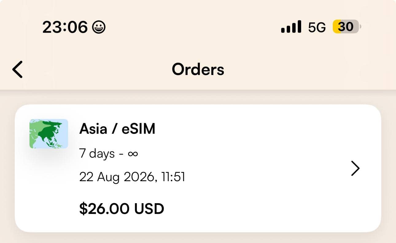 La compra de Airalo en la aplicación: plan Asia, 7 días, datos ilimitados, 26 dólares