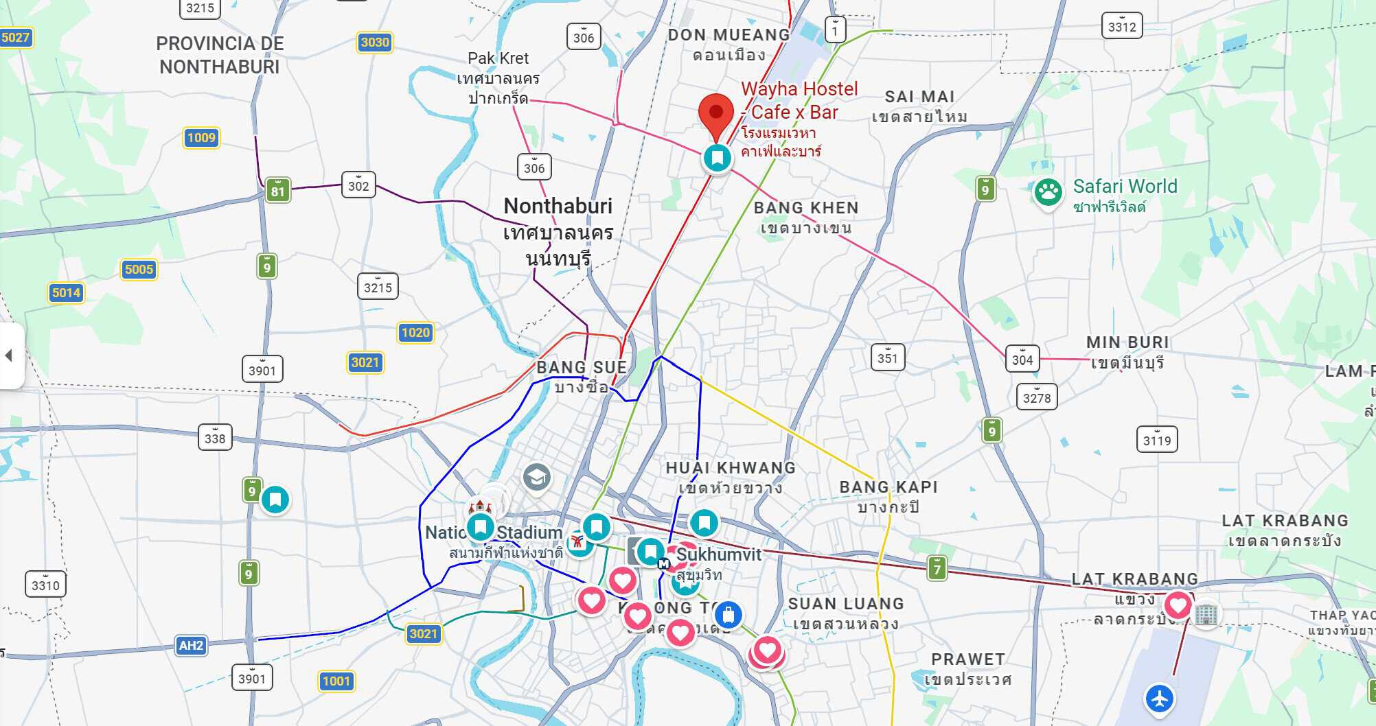 Mapa de Bangkok con el Wayha Hostel señalado justo al lado del aeropuerto de Don Mueang