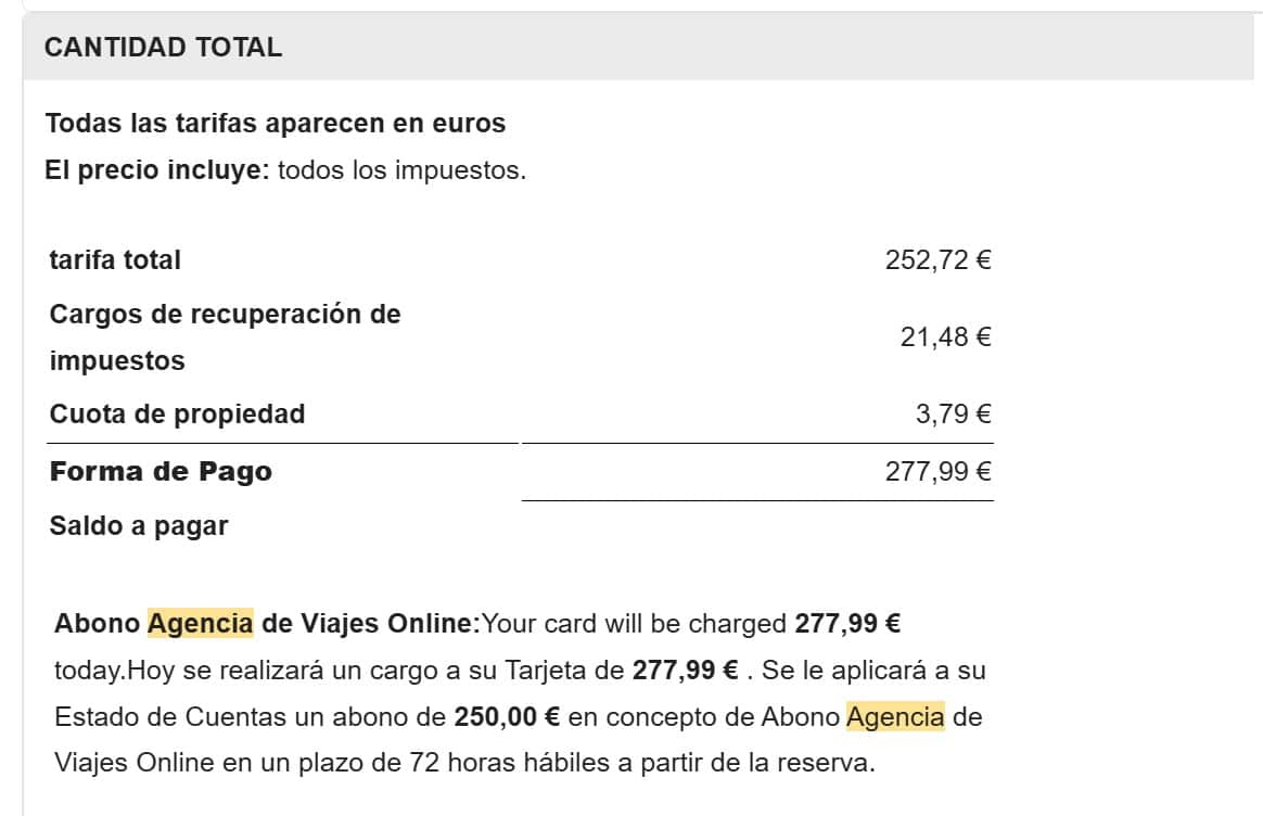 Confirmación de una reserva en American Express Agencia de Viajes Online: 277,99€ cobrados y un abono de 250€ en el estado de cuentas