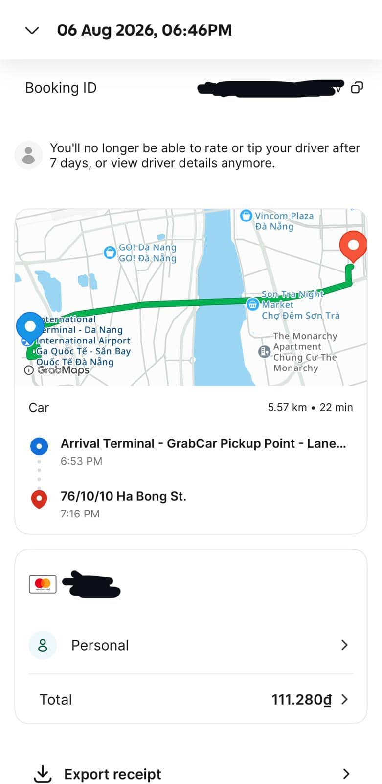 Recibo de Grab del aeropuerto de Da Nang a la ciudad, 110.000 VND