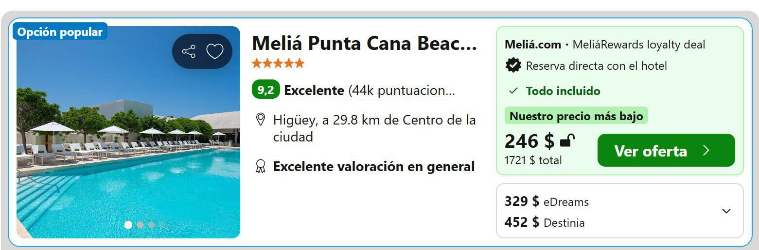 Precio del Meliá Punta Cana Beach reservado solo el hotel desde Trivago