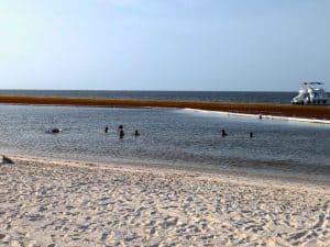 People swimming in a calm beach with a boat in the background.