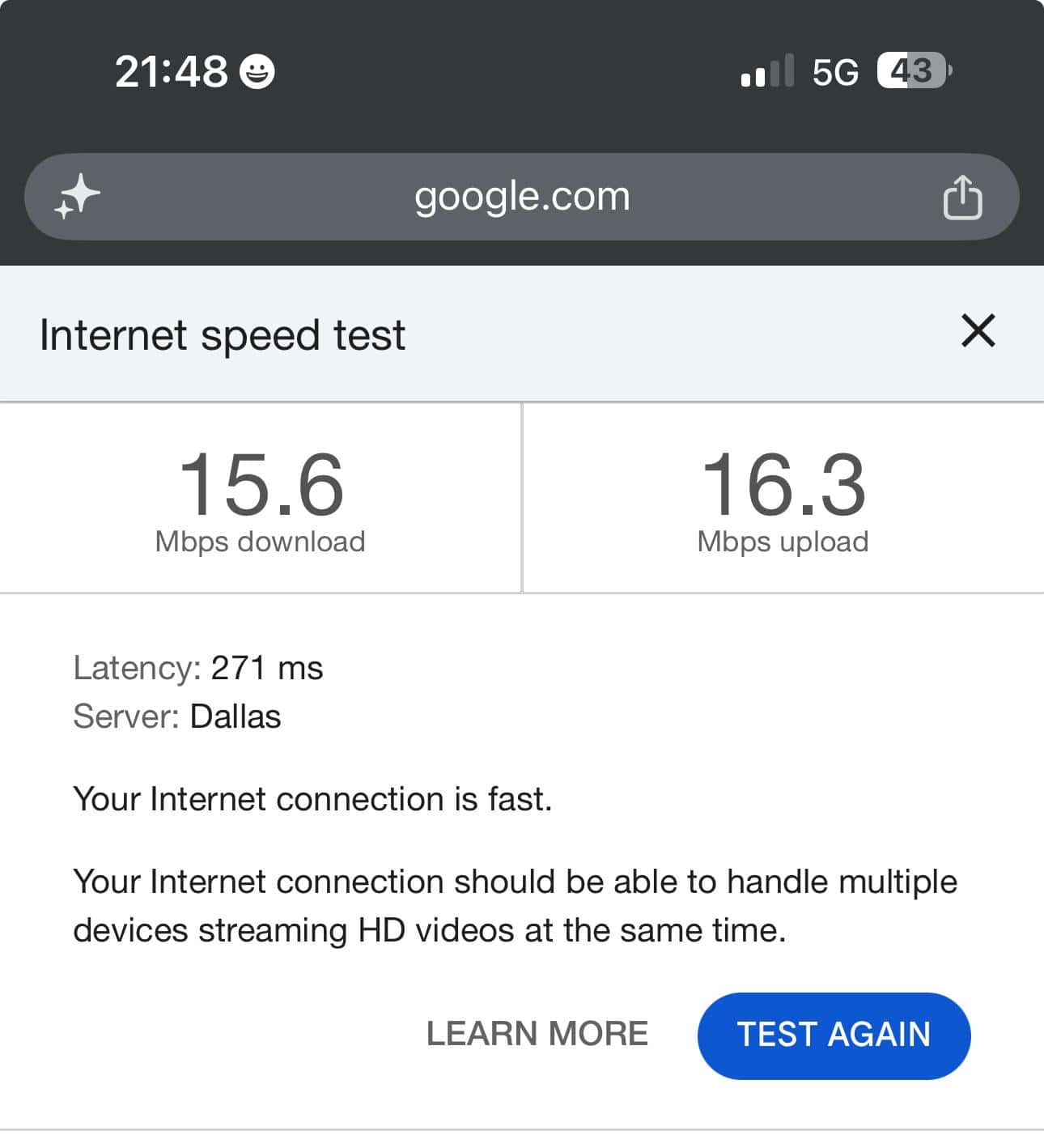 Test de velocidad de Google con Airalo en Vietnam: 15,6 Mbps de bajada y 16,3 de subida contra el servidor de Dallas