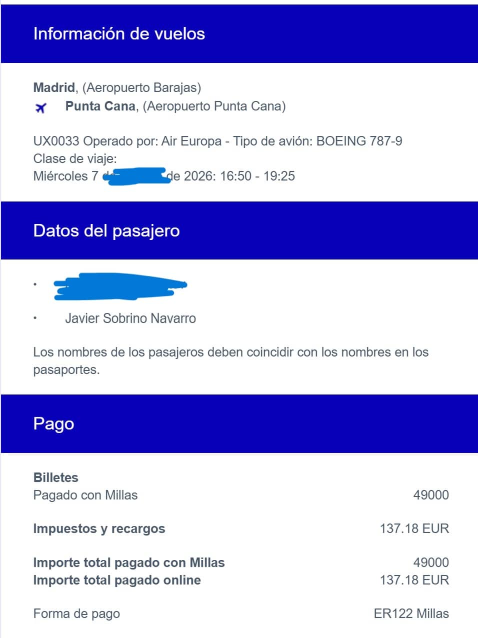 Justificante de Air Europa del vuelo Madrid Punta Cana pagado con millas: 49.000 millas y 137,18€ de impuestos y recargos