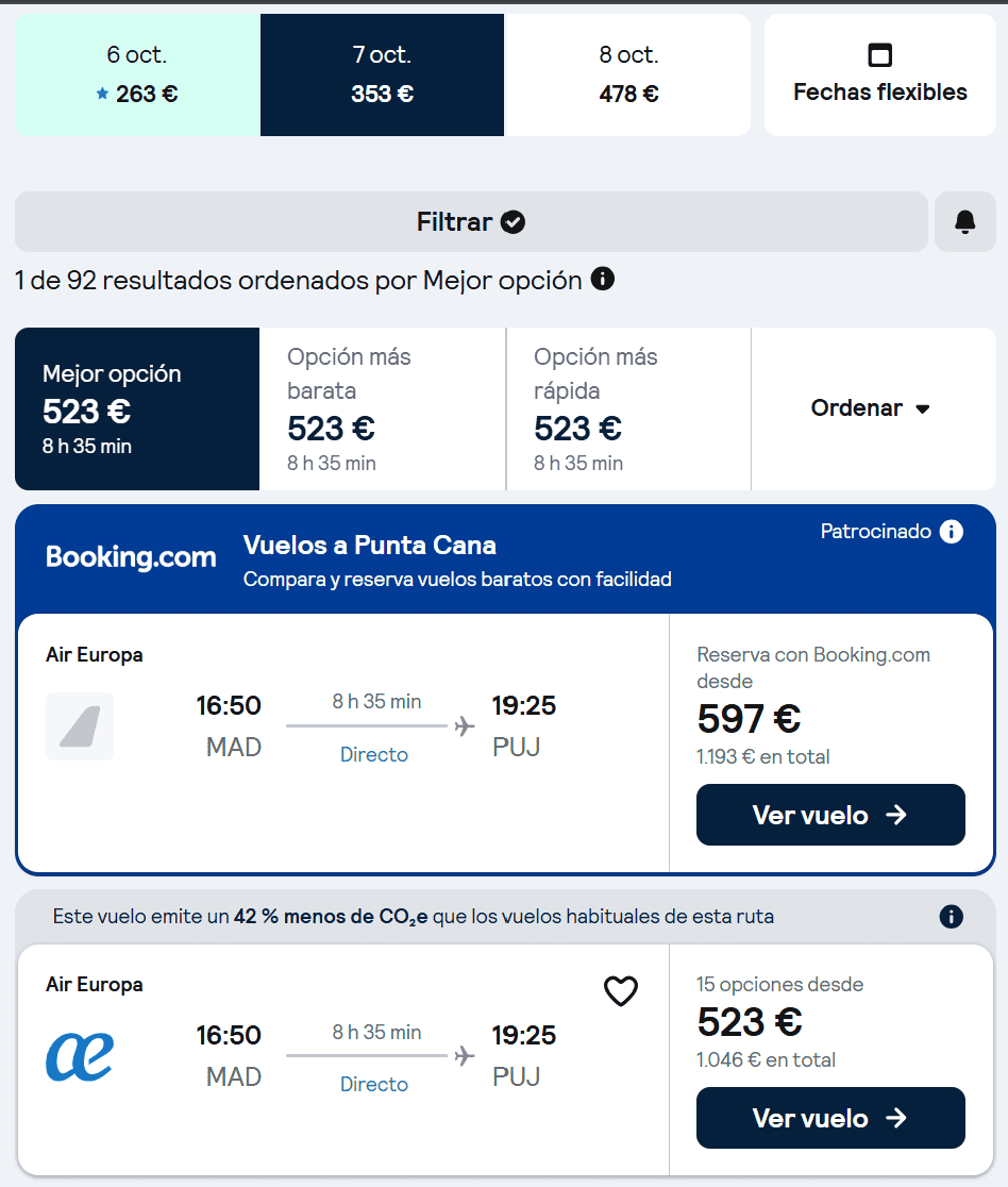 Buscador de vuelos Madrid Punta Cana: el directo de Air Europa de 16:50 a 19:25 sale a 523€ por persona y 1.046€ en total