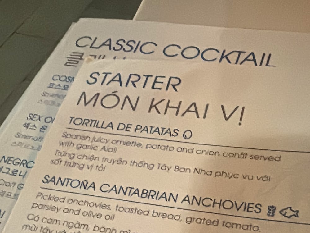 Carta del restaurante español del Meliá Danang