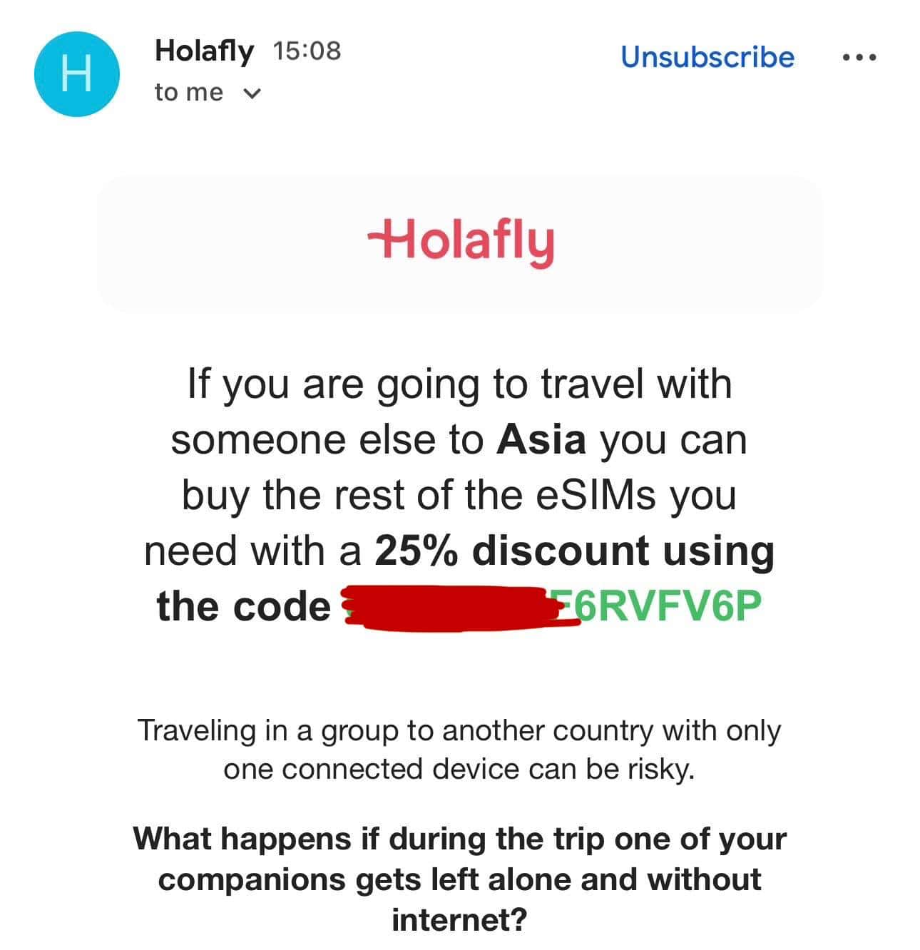 Correo de Holafly con el código del 25% de descuento para las siguientes eSIM