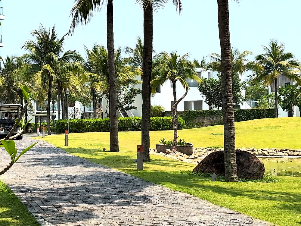 Jardines y caminos entre palmeras del Meliá Danang