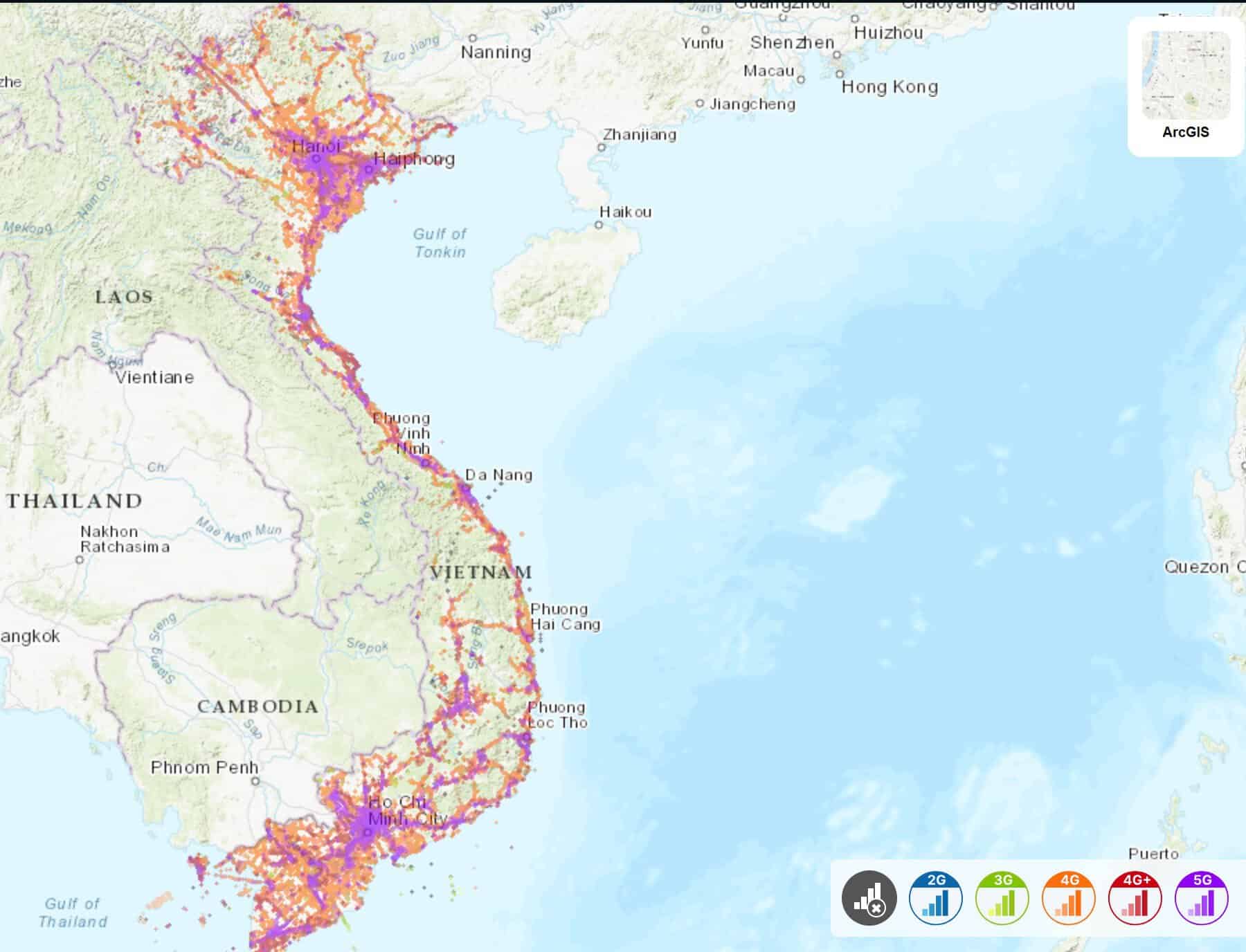 Mapa de cobertura de VinaPhone en Vietnam, la red que usa Holafly, con el 5G marcado en morado