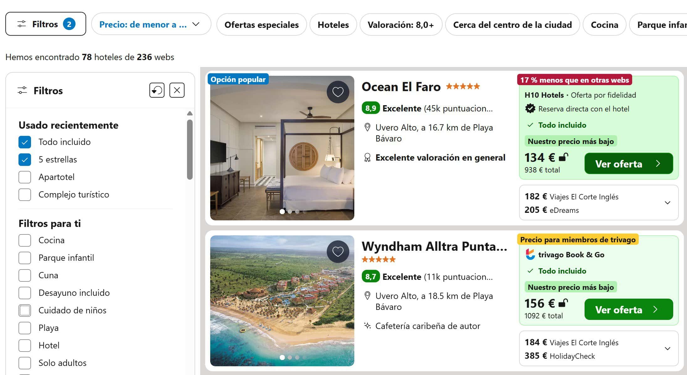 Búsqueda en Trivago filtrada por cinco estrellas y todo incluido