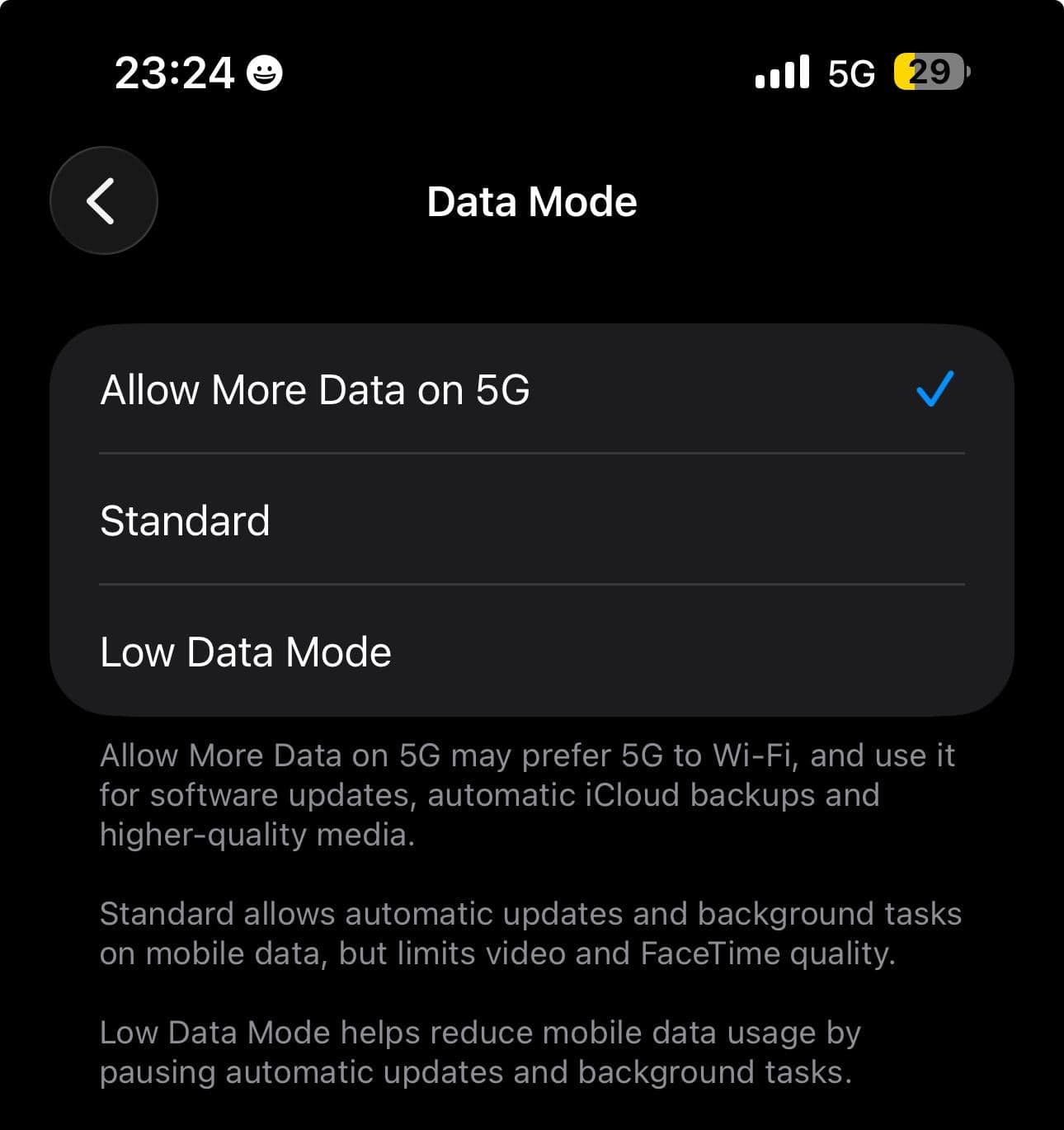 Ajustes del modo de datos del iPhone: permitir más datos en 5G, estándar y modo de bajo consumo