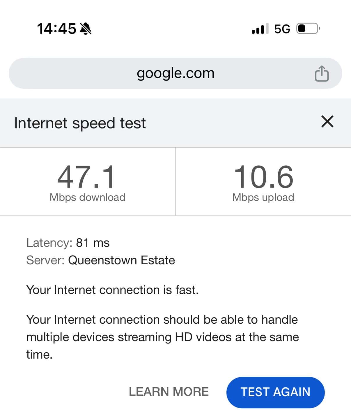 Test de velocidad de Google con la eSIM de Holafly en Vietnam antes de tocar el ajuste: 10,6 Mbps de subida
