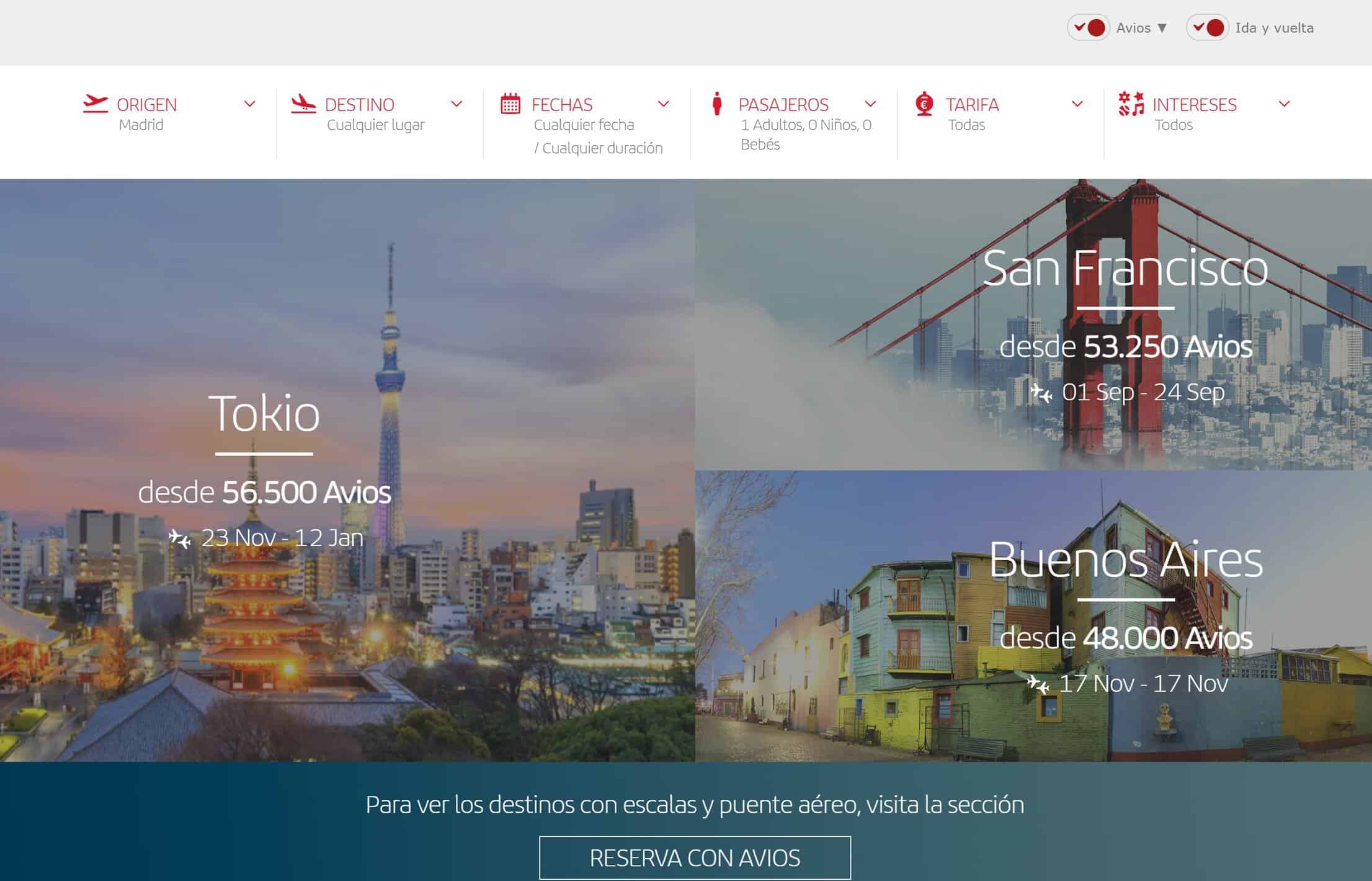 Buscador de Iberia con Avios e ida y vuelta desde Madrid: Tokio desde 56.500 Avios, San Francisco desde 53.250 y Buenos Aires desde 48.000