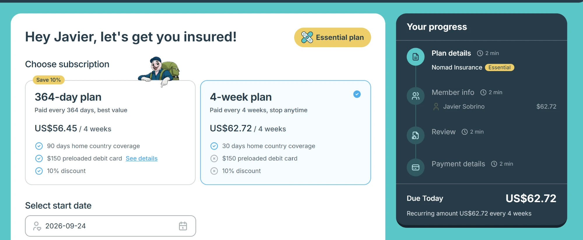 Pantalla de compra de SafetyWing: plan Essential de 4 semanas a 62,72 dólares, con 30 días de cobertura en el país de origen