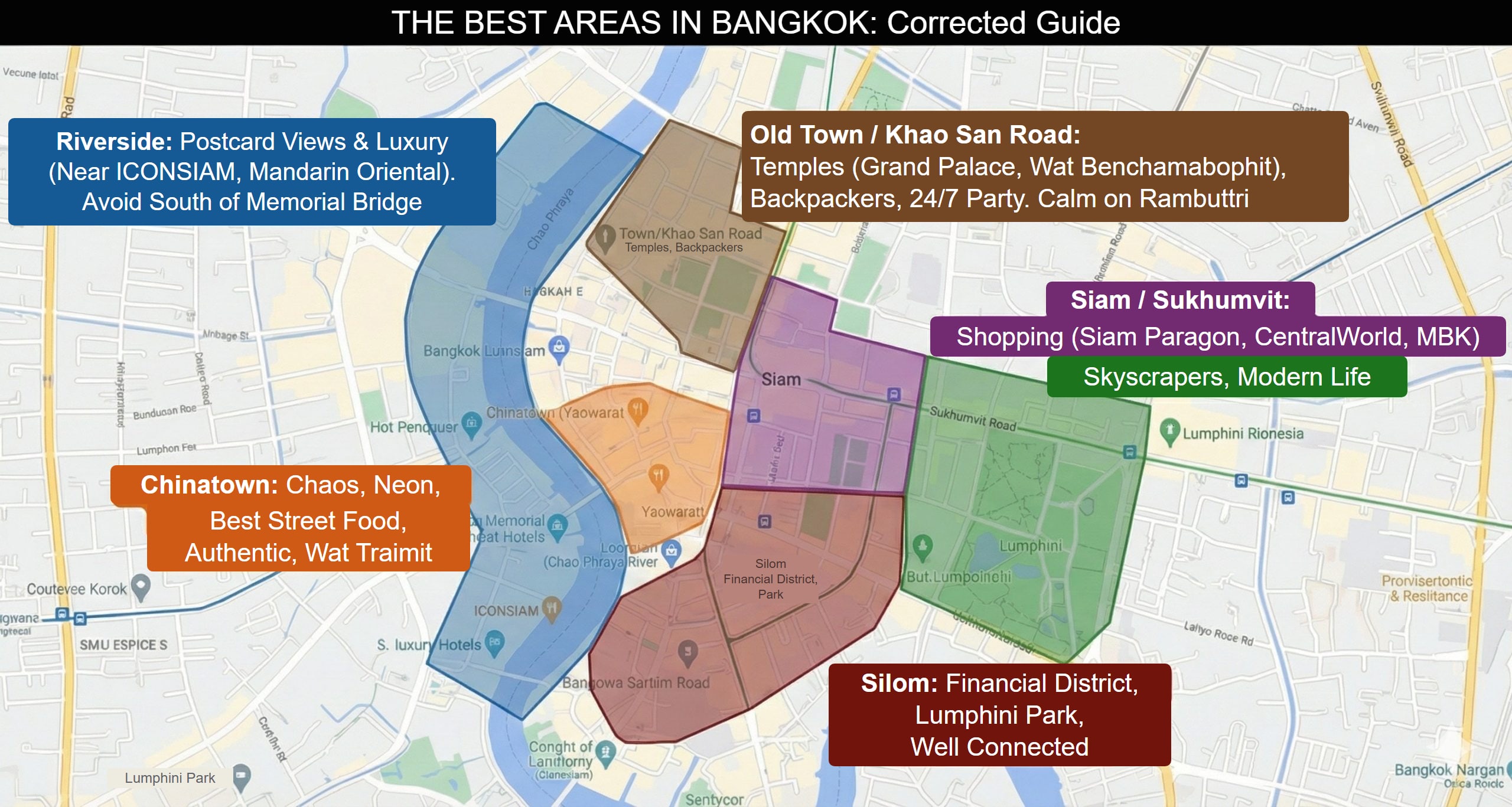 Map of Bangkok's areas with Riverside, Silom, Siam, Sukhumvit, Chinatown and Old Town marked