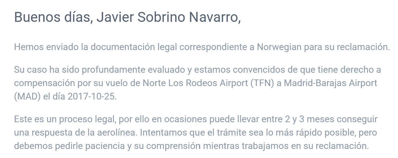 Correo de AirHelp que confirma el envío de la documentación legal a Norwegian por el vuelo de Tenerife Norte a Madrid del 25 de octubre de 2017