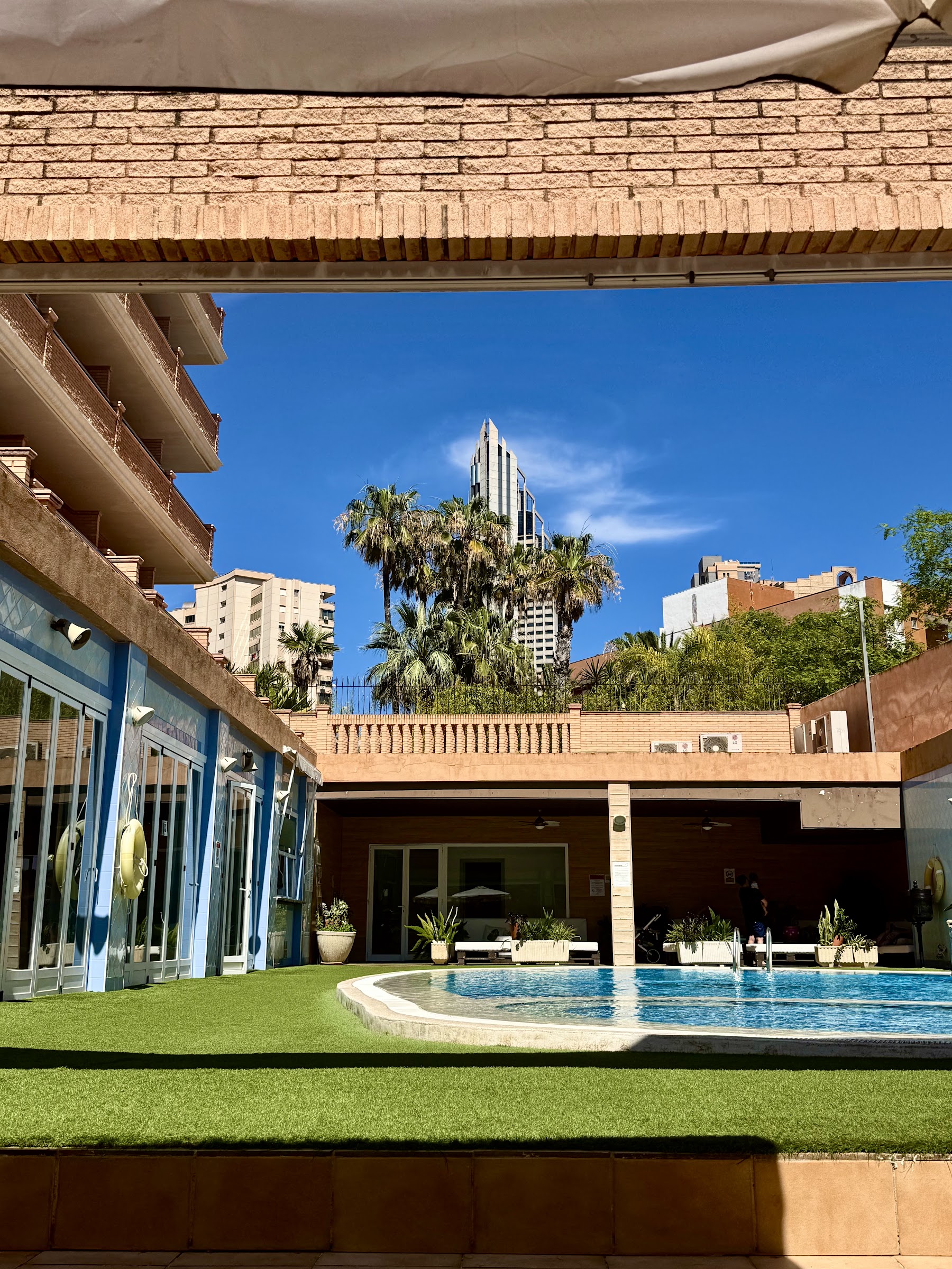 Piscina y jardín del Hotel Alone Benidorm con palmeras y rascacielos al fondo