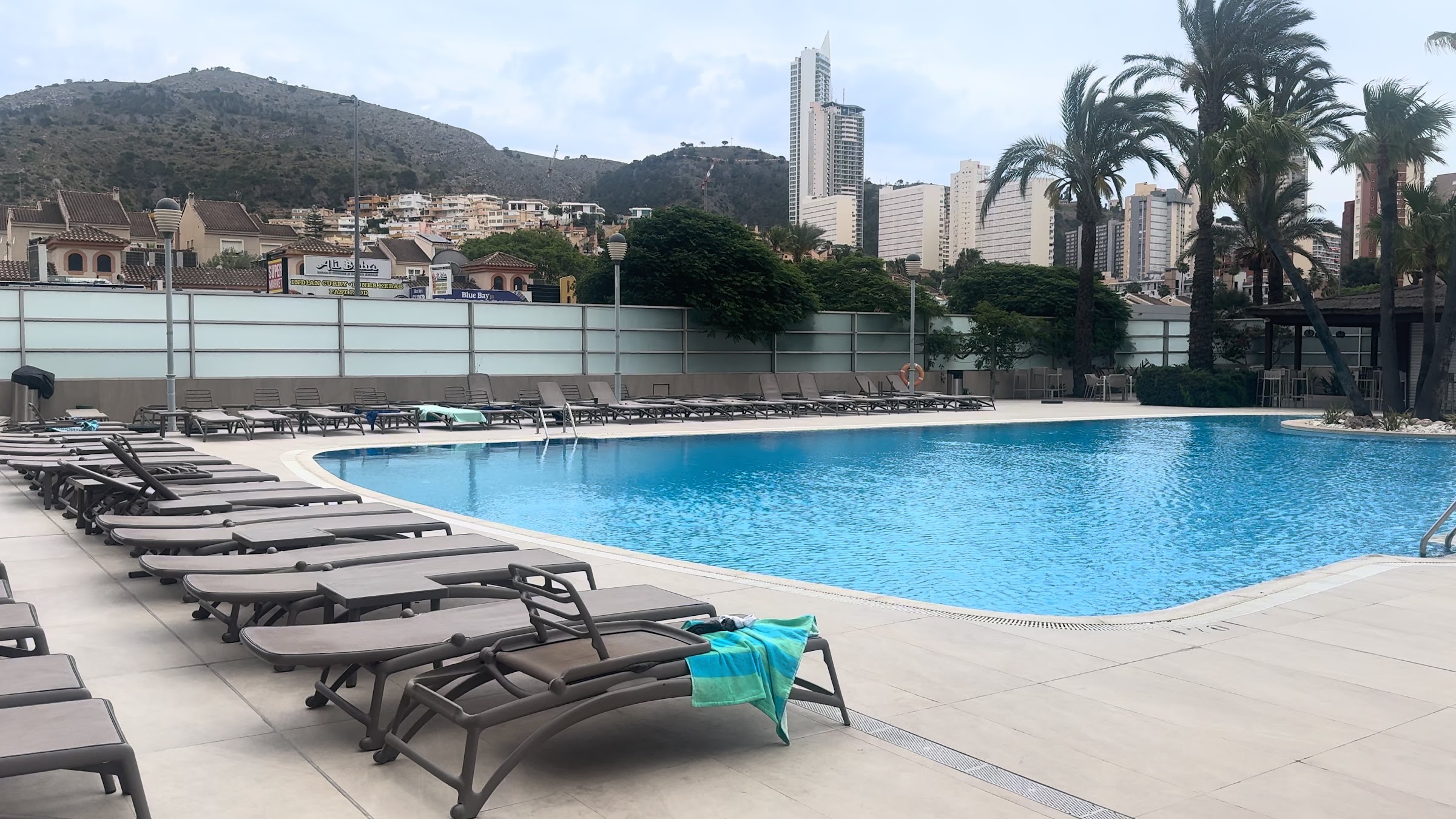Piscina del BCL Levante Club con hamacas, palmeras y rascacielos de Benidorm al fondo