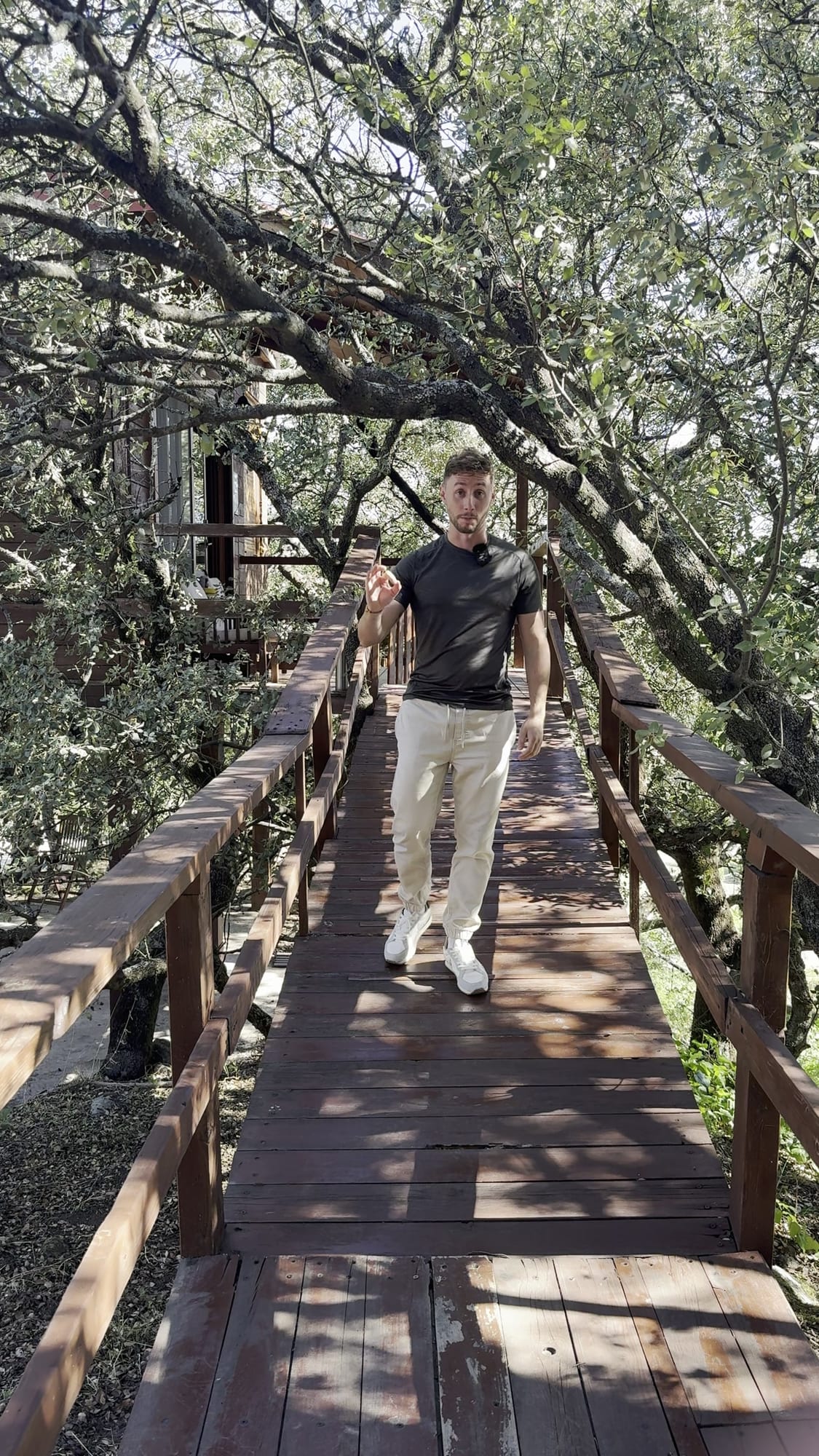 Javier Sobrino en la pasarela de madera que lleva a la cabaña en el árbol de Cabaña el Valle