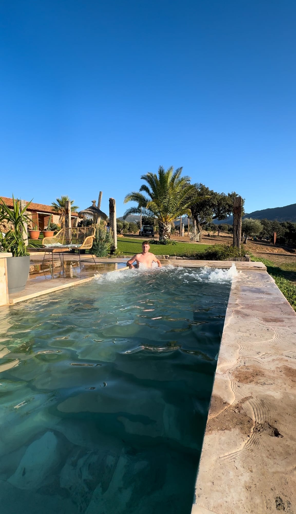 Piscina con chorros de hidromasaje y palmeras en Cork Valley