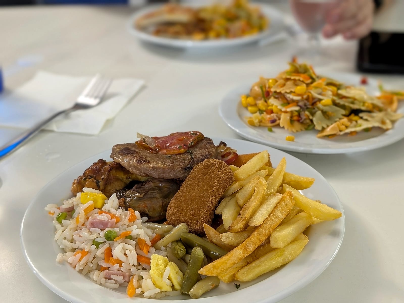 Un plato del buffet del Eurhostal, con arroz tres delicias, patatas fritas y carne