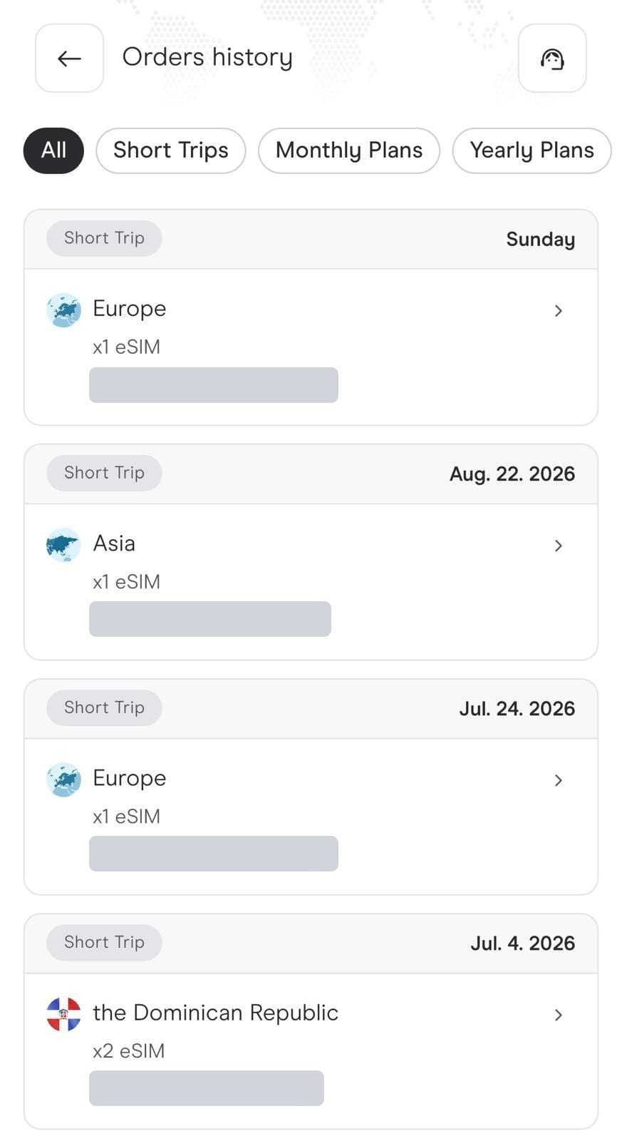 Historial de pedidos de Holafly con dos eSIM de Europa, una de Asia y dos de República Dominicana